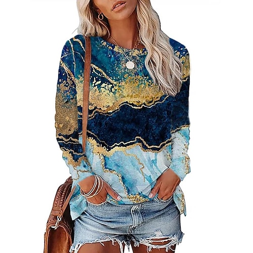 

Women's T shirt Tee Graphic Casual Weekend Abstract Painting T shirt Tee Long Sleeve Print Round Neck Basic Green Blue Gray S / 3D Print