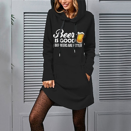 

Women's Hoodie Dress Shift Dress Short Mini Dress Black Long Sleeve Print Letter Pocket Print Fall Winter Hooded Casual Loose 2022 S M L XL XXL 3XL / Cotton