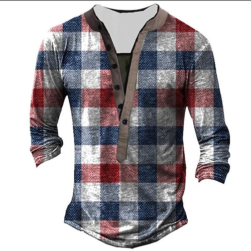 

Men's Henley Shirt Tee T shirt Tee 3D Print Graphic Patterned Lattice Tartan Plus Size Henley Daily Sports Button-Down Print Long Sleeve Tops Designer Basic Classic Comfortable Blue / Summer