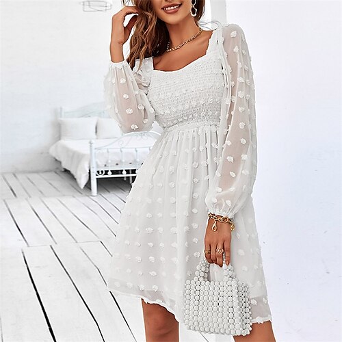 

Women's A Line Dress Short Mini Dress White Long Sleeve Pure Color Ruched Jacquard Fall Winter Square Neck Fashion 2022 S M L XL