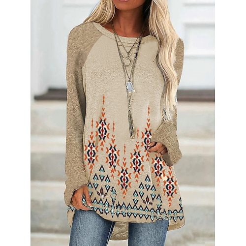 

Women's T shirt Tee Geometric Casual Weekend Geometric Painting T shirt Tee Long Sleeve Print Round Neck Basic Khaki S / 3D Print