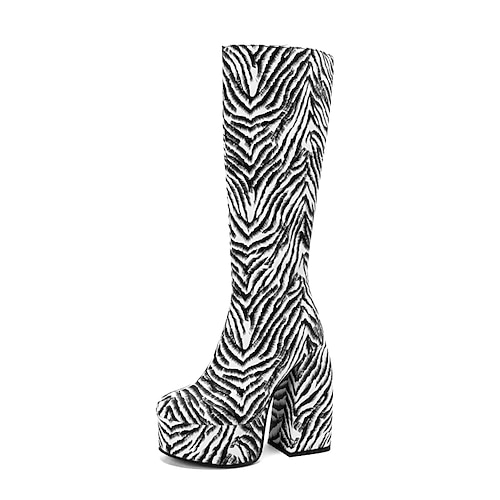 

Women's Boots Knee High Boots Chunky Heel Round Toe Elegant Party Daily PU Leather Zipper Fall Winter Striped Black / White