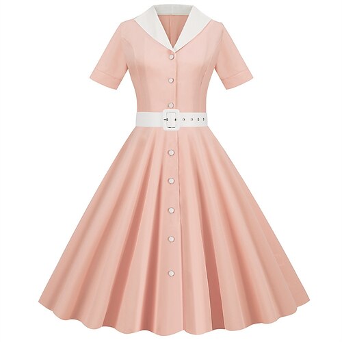 

Damen blusenkleid Schaukelkleid A Linie Kleid Midikleid Schwarz Gelb Rosa Kurzarm Farbblock mit Schnürung Sommer Frühling Hemdkragen Vintage Sommerkleid 2023 S M L XL XXL