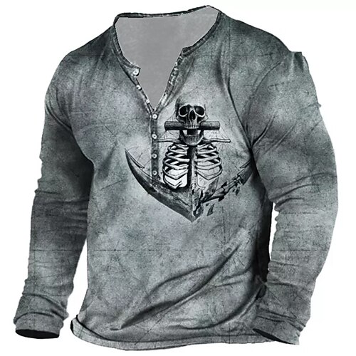 

Men's T shirt Tee Henley Shirt Tee Graphic Skull Henley Gray Long Sleeve 3D Print Plus Size Outdoor Daily Button-Down Print Tops Basic Designer Classic Comfortable / Sports