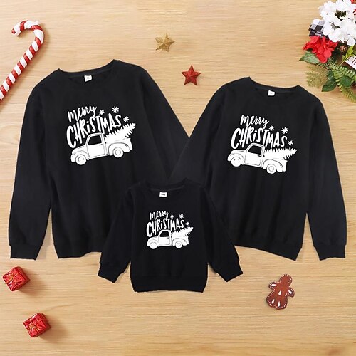 

Family Look Christmas Tops Sweatshirt Car Daily Black Red Long Sleeve Daily Matching Outfits