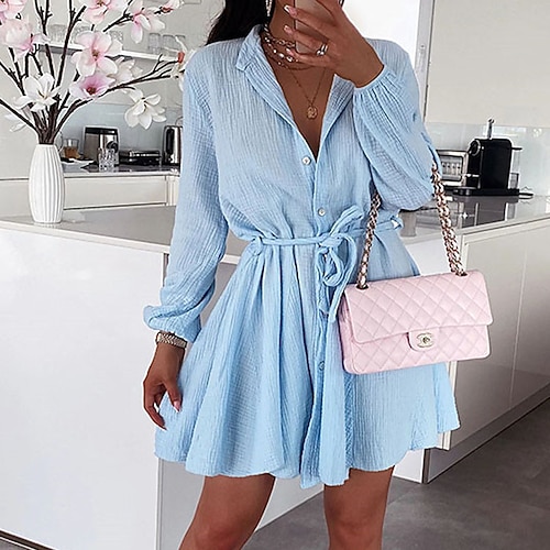 

Women's Shirt Dress Short Mini Dress White Black Army Green Light Blue Long Sleeve Pure Color Lace up Fall Winter Shirt Collar Casual 2022 S M L XL XXL