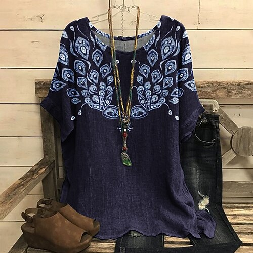 

Women's Shirt Graphic Patterned Daily Weekend Shirt Short Sleeve Flowing tunic Print Round Neck Casual Streetwear Black S / 3D Print