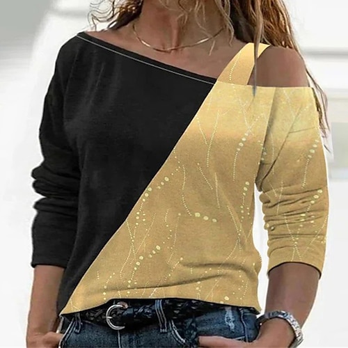 

Damen T Shirt Schwarz Gold Farbblock Patchwork Langarm Täglich Urlaub Strassenmode V Ausschnitt Standard Übergröße L