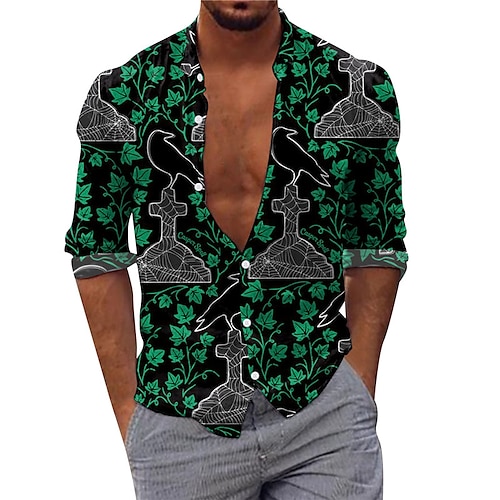 

Men's Shirt Cross Turndown Green Long Sleeve 3D Print Outdoor Halloween Button-Down Print Tops Vintage Cool Designer Casual