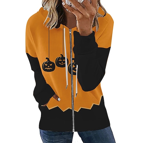 

Women's Hoodie Pullover Quarter Zipper Hoodie Color Block Pumpkin Patchwork Print Halloween Daily Weekend Streetwear Casual Clothing Apparel Hoodies Sweatshirts Loose Fit Yellow Orange