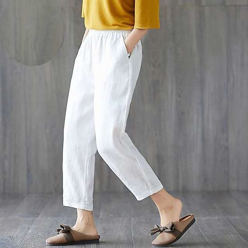 

Women's Chinos Pants Trousers Linen / Cotton Blend Black / White BlackGrey Yellow Mid Waist Fashion Casual Work Weekend Side Pockets Micro-elastic Ankle-Length Comfort Plain M L XL XXL 3XL