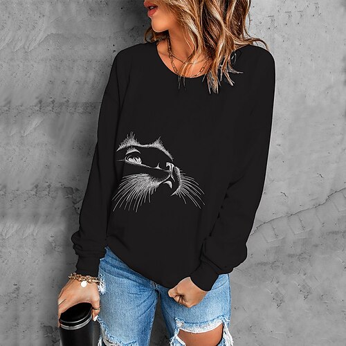 

Women's Sweatshirt Pullover Active Streetwear Monograms Print Black Red Cat Daily Round Neck Long Sleeve S M L XL XXL