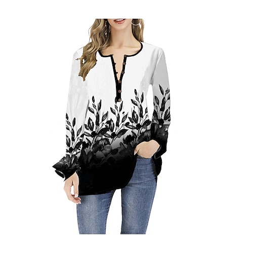 

Women's Blouse Leaf Daily Weekend Blouse Shirt Long Sleeve Ruffle Print V Neck Casual Green White Blue S
