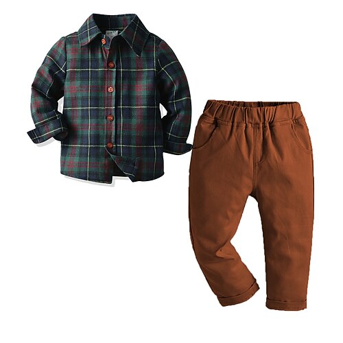 

2 Pieces Kids Boys Shirt & Pants Clothing Set Outfit Plaid Long Sleeve Cotton Set Daily Fall Spring 2-6 Years Green