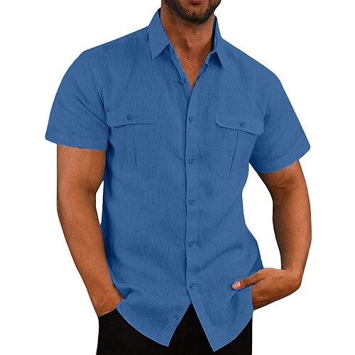 

Men's Shirt Linen Shirt Striped Turndown Blue Outdoor Street Short Sleeve Button-Down Clothing Apparel Fashion Casual Breathable Comfortable