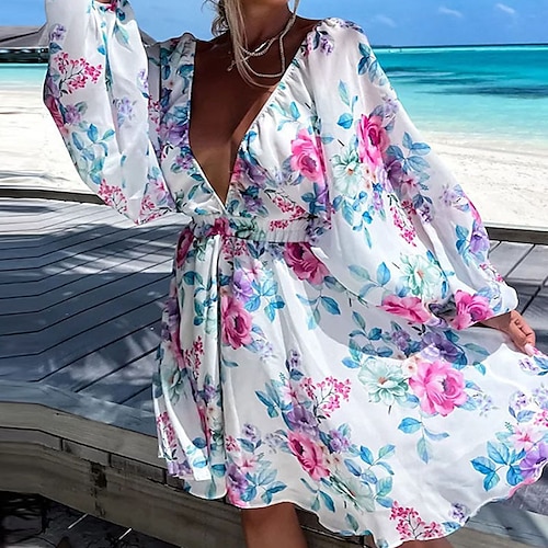 

Women's Swing Dress Short Mini Dress Light Pink Blue Pink Camel Long Sleeve Floral Print Fall Winter V Neck Fashion Modern 2022 S M L XL XXL 3XL