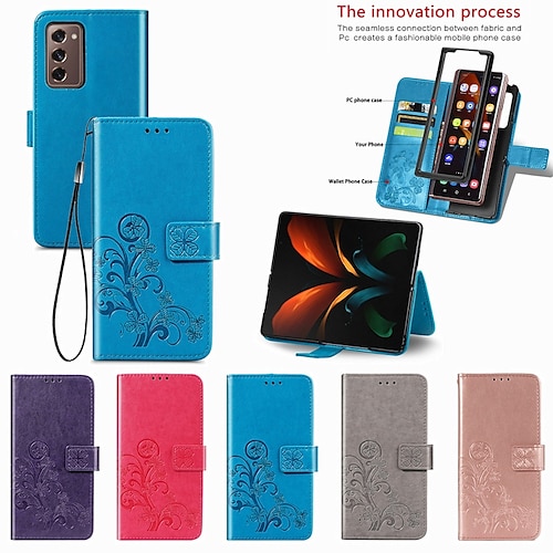 

Phone Case For Samsung Galaxy Wallet Card Z Fold 3 Z Fold 4 with Wrist Strap Card Holder Slots Kickstand Solid Colored PC PU Leather