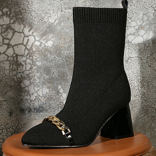 

Women's Boots Sock Boots Rivet Chunky Heel Pointed Toe Classic Tissage Volant Loafer Fall Winter Black