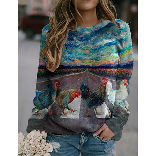 

Women's Sweatshirt Pullover Casual Retro Print Blue Cartoon Outdoor Crewneck Long Sleeve S M L XL 2XL 3XL