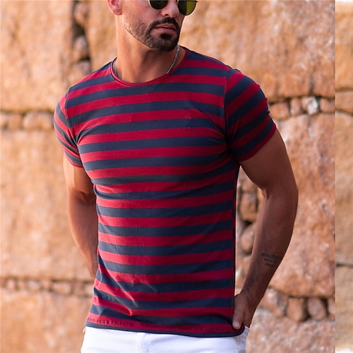 

Men's Unisex T shirt Tee Striped Graphic Prints Crew Neck Red 3D Print Outdoor Street Short Sleeve Print Clothing Apparel Sports Designer Casual Big and Tall / Summer / Summer