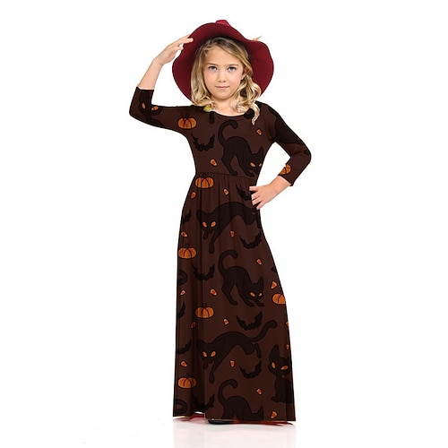 

Kids Little Girls' Dress Graphic Shift Dress Daily Holiday Vacation Print Brown Maxi 3/4 Length Sleeve Casual Cute Sweet Dresses Halloween Fall Winter Regular Fit 2-8 Years