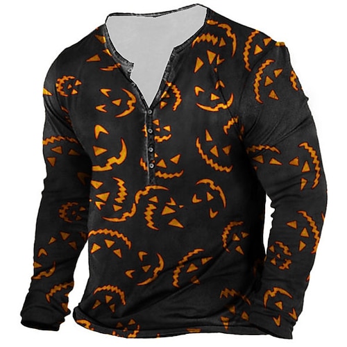 

Men's T shirt Tee Henley Shirt Tee Graphic Pumpkin Henley Black Long Sleeve 3D Print Plus Size Outdoor Halloween Button-Down Print Tops Basic Designer Classic Comfortable / Sports