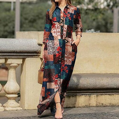 

Women's Plus Size Casual Dress Floral Shirt Collar Print Long Sleeve Fall Spring Casual Midi Dress Causal Daily Dress / Shirt Dress