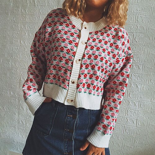 

Women's Cardigan Sweater Jumper Crochet Knit Knitted Button Floral Crew Neck Stylish Casual Daily Date Fall Winter Blue Pink S M L / Long Sleeve