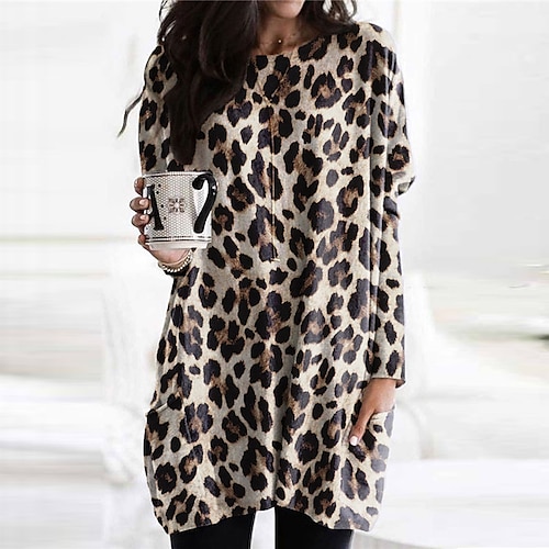 

Women's Shift Dress Short Mini Dress White Black Brown Long Sleeve Striped Leopard Pocket Print Fall Winter Crew Neck Casual Vacation 2022 S M L XL XXL 3XL