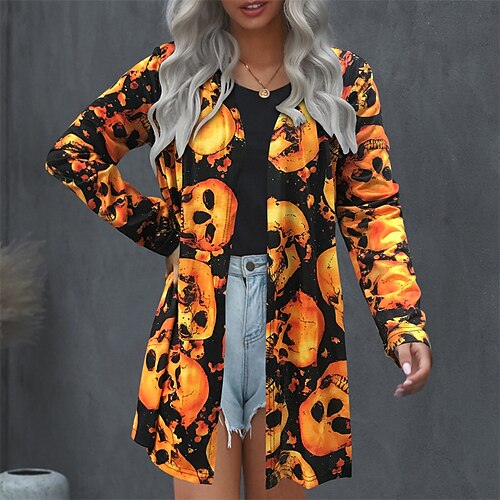 

Women's Casual Jacket Windproof Warm Outdoor Halloween Daily Vacation Print Cardigan Stand Collar Casual Halloween Pumpkin Regular Fit Outerwear Long Sleeve Winter Fall Black Orange Red S M L XL XXL