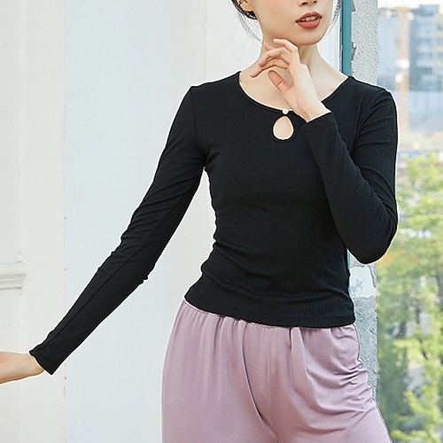 

Activewear Top Ruching Hollow-out Pure Color Women's Training Performance Long Sleeve High Cotton Blend