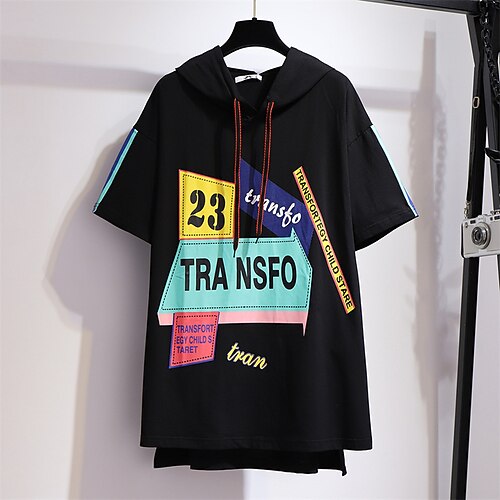 

Women's Plus Size Tops Hoodie Sweatshirt Color Block Letter Asymmetric Print Short Sleeve Hooded Basic Streetwear Daily Going out Cotton Spring Summer White Black
