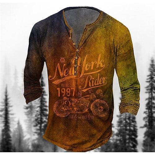 

Men's Henley Shirt Tee T shirt Tee 3D Print Graphic Patterned Motorcycle Letter Plus Size Henley Daily Sports Button-Down Print Long Sleeve Tops Designer Basic Classic Comfortable Brown