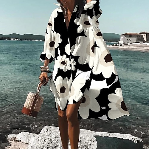 Women's Shirt Dress Casual Dress A Line Dress Midi Dress Winter Dress Daily Holiday Polyester Vacation Stylish Shirt Collar High Low dress Print Long Sleeve Summer Spring Fall 2022 Loose Fit White, lightinthebox  - buy with discount