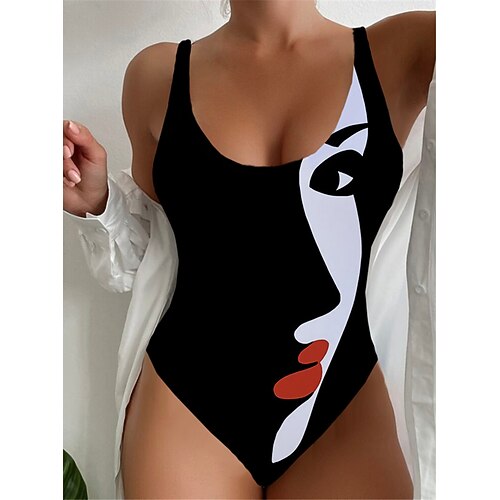 

Women's Swimwear One Piece Monokini Bathing Suits Normal Swimsuit Tummy Control Printing High Waisted Abstract Black Strap Bathing Suits Sexy Vacation Fashion / Modern / New