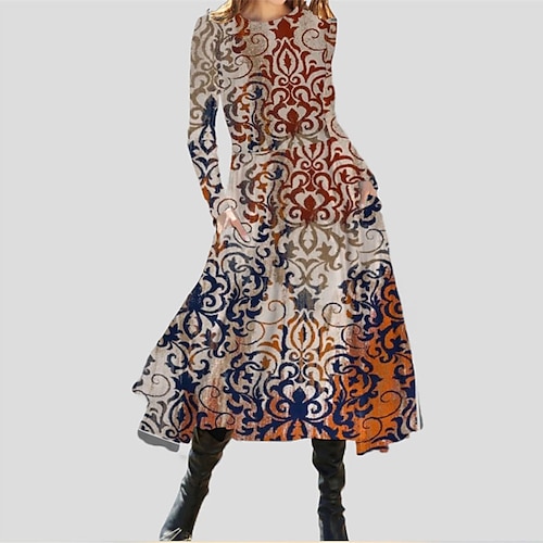 

Women's Casual Dress Swing Dress Midi Dress Blue Yellow Beige Long Sleeve Floral Pocket Winter Fall Autumn Winter Dress Fall Dress 2022 S M L XL XXL 3XL