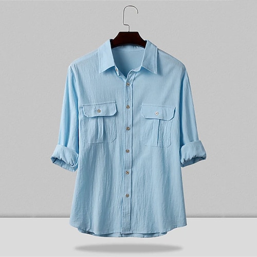 

Men's Shirt Solid Color Turndown Light Blue Long Sleeve Daily Holiday Button-Down Tops Casual Comfortable Pocket