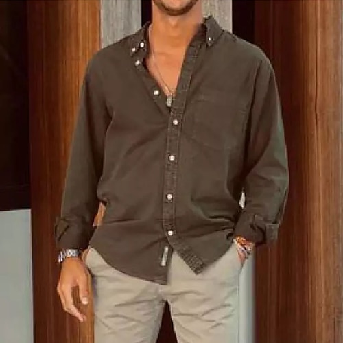 

Men's Shirt Solid Color Turndown Daily Holiday Button-Down Long Sleeve Tops Simple Casual Comfortable Brown