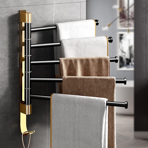 

Rotating Towel Rack Light Luxury Black Gold Non Perforated Toilet Bathroom Space Aluminum Activity Folding Multi Pole Towel Bar