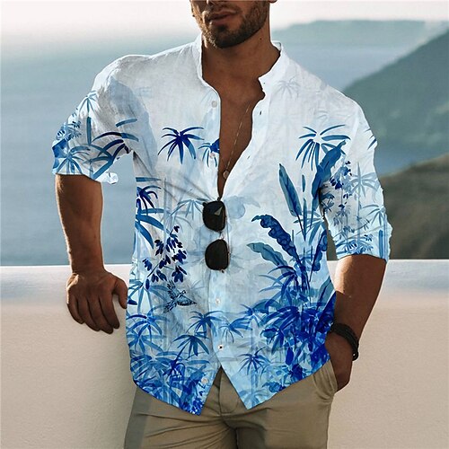 

Men's Shirt Coconut Tree Stand Collar Blue Long Sleeve 3D Print Outdoor Casual Button-Down Print Tops Fashion Designer Casual Comfortable / Sports