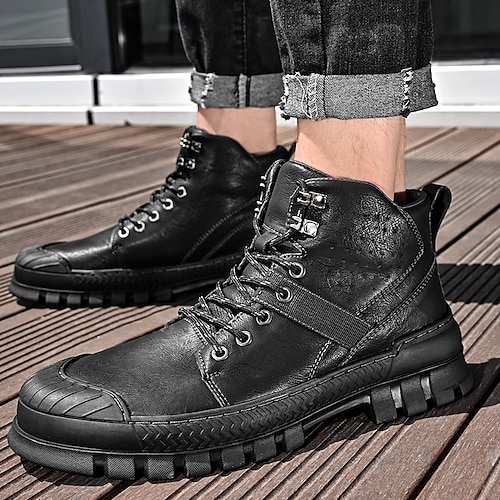 

Men's Boots Leather Shoes Combat Boots Casual Daily Walking Shoes Leather Nappa Leather Mid-Calf Boots Black Winter Fall