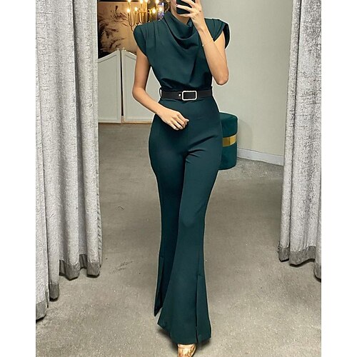 

Women's Jumpsuit Zipper Solid Color Crew Neck Formal Daily Office Wide Leg Regular Fit Sleeveless Raglan Sleeves Army Green S M L Summer