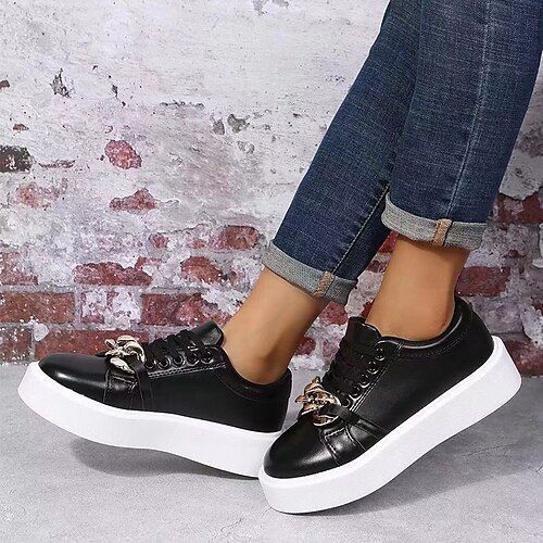 

Women's Sneakers Daily Plus Size Winter Flat Heel Round Toe Classic Walking Shoes PU Leather Elastic Band Solid Colored Black