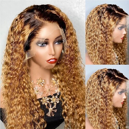 

Ombre Lace Front Human Hair Wigs Side Part Brazilian Virgin Hair Curly Blonde Color for black women with Baby Hair