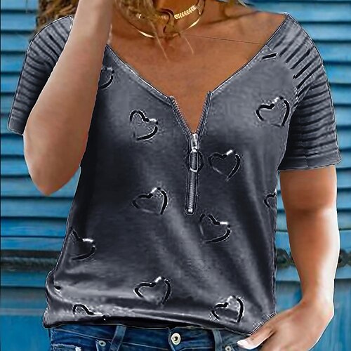 

Women's Plus Size Curve Tops T shirt Tee Graphic Patterned Heart Zipper Print Short Sleeve V Neck Basic Vintage Preppy Daily Sports Cotton Blend Spring Summer White Black