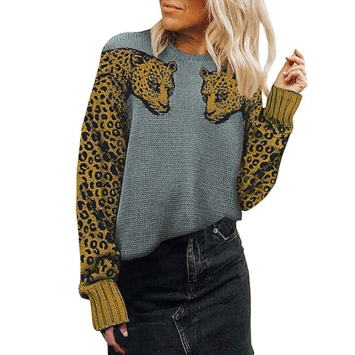 

Women's Pullover Sweater jumper Jumper Ribbed Knit Knitted Animal Crew Neck Vintage Style Casual Outdoor Daily Winter Fall Green Beige S M L / Long Sleeve / Leopard / Regular Fit / Going out