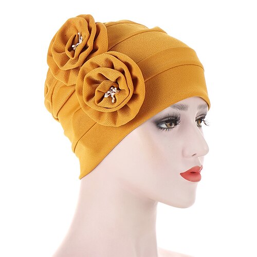 

Fashion with Two Flower Decorate Soft Turban Hat Solid Color Women Warm Winter Headscarf Bonnet Inner Hijabs Cap Muslim Hijab femme Wrap Head