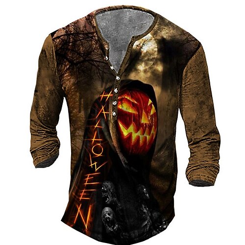 

Men's T shirt Tee Henley Shirt Tee Graphic Pumpkin Henley Brown 3D Print Plus Size Outdoor Halloween Long Sleeve Button-Down Print Clothing Apparel Basic Designer Classic Comfortable / Sports