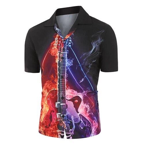 

Men's Shirt 3D Print Guitar Turndown Street Casual Button-Down Print Short Sleeves Tops Designer Casual Vintage Retro Black / Summer