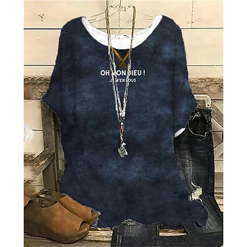 

Women's Plus Size Tops Blouse Shirt Color Gradient Letter Print Short Sleeve Crewneck Streetwear Daily Vacation Polyester Spring Summer Blue Gray
